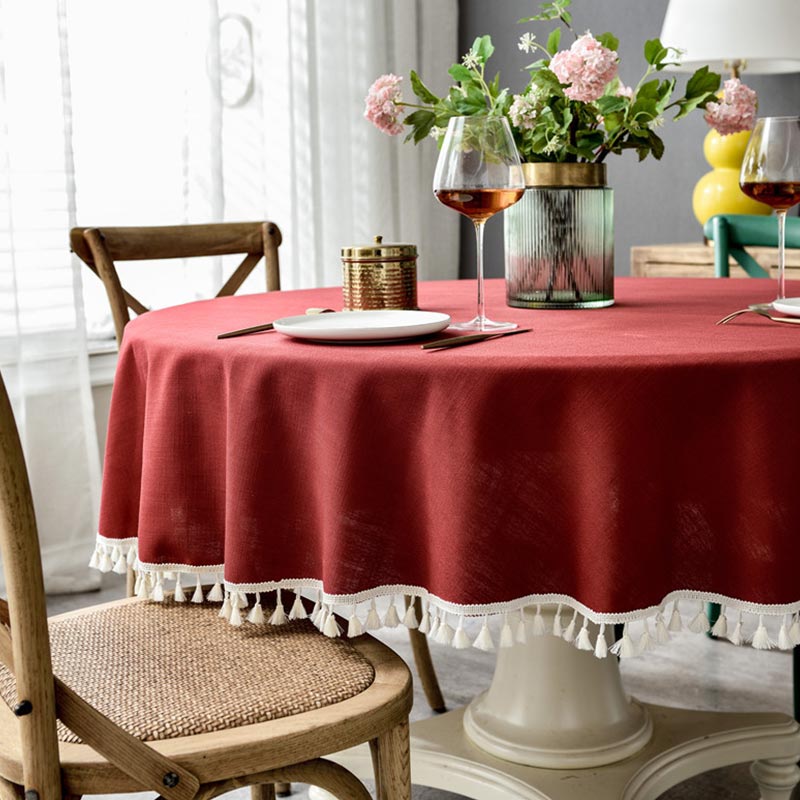 Christmas Round Tablecloth Washable Table Cover with Tassel