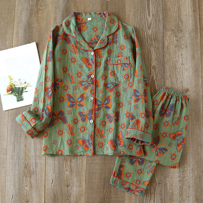 Vintage Butterfly Print Cotton Loungewear Set - Green - XL - image 1
