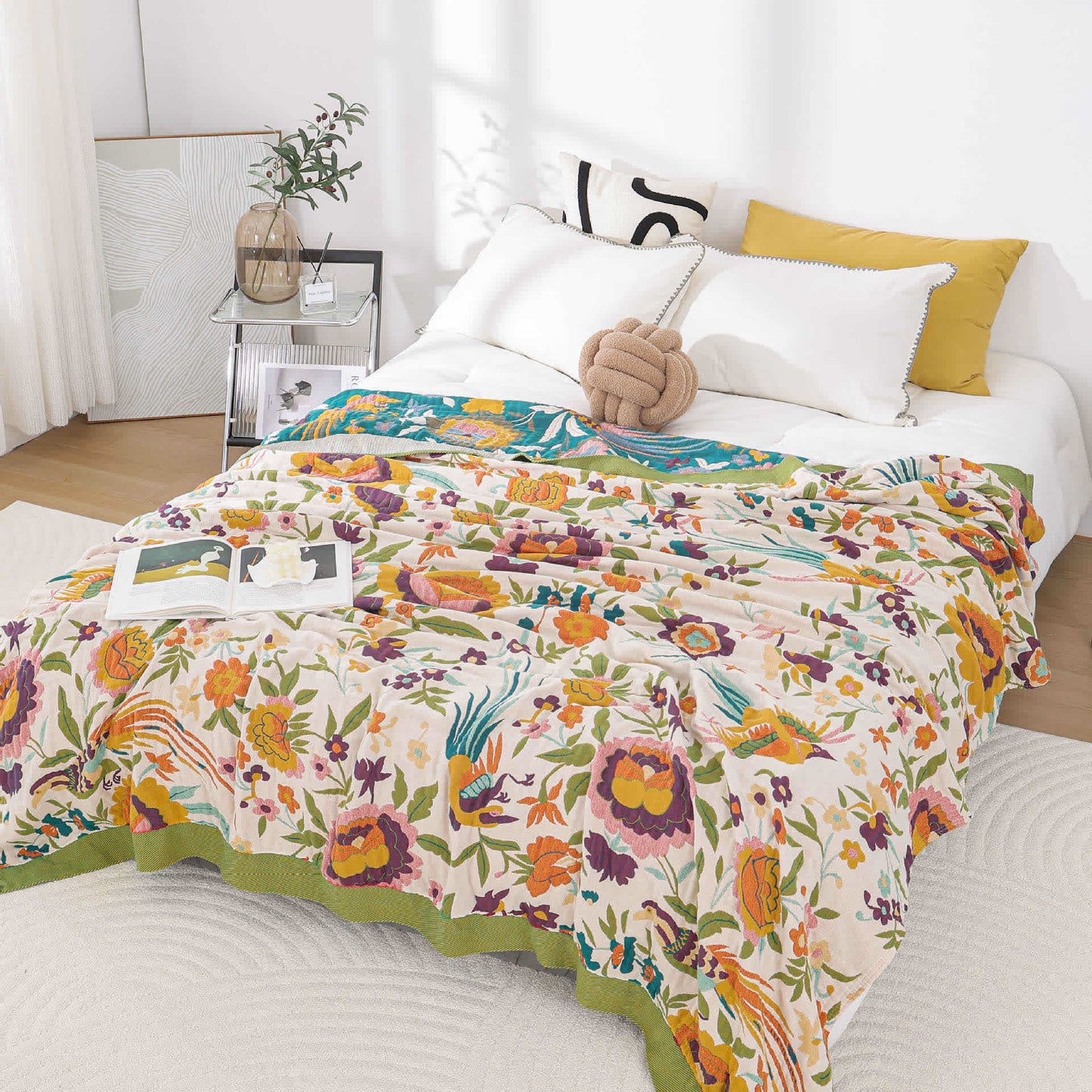 Breathable Floral Cotton Gauze Reversible Quilt