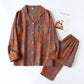 Vintage Leaf Cotton Lapel Loungewear Set - Gray & Orange - 2XL - image 2