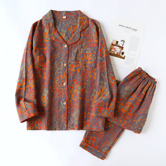 Vintage Leaf Cotton Lapel Loungewear Set - Gray & Orange - 2XL - image 1