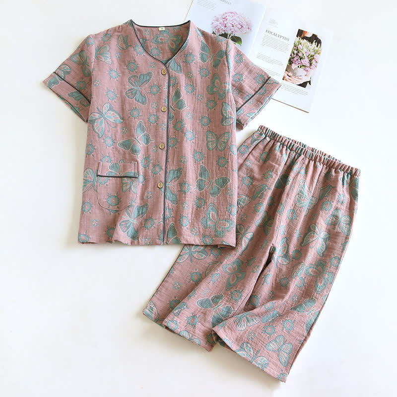 Butterfly Cotton Cropped Pants Loungewear Set