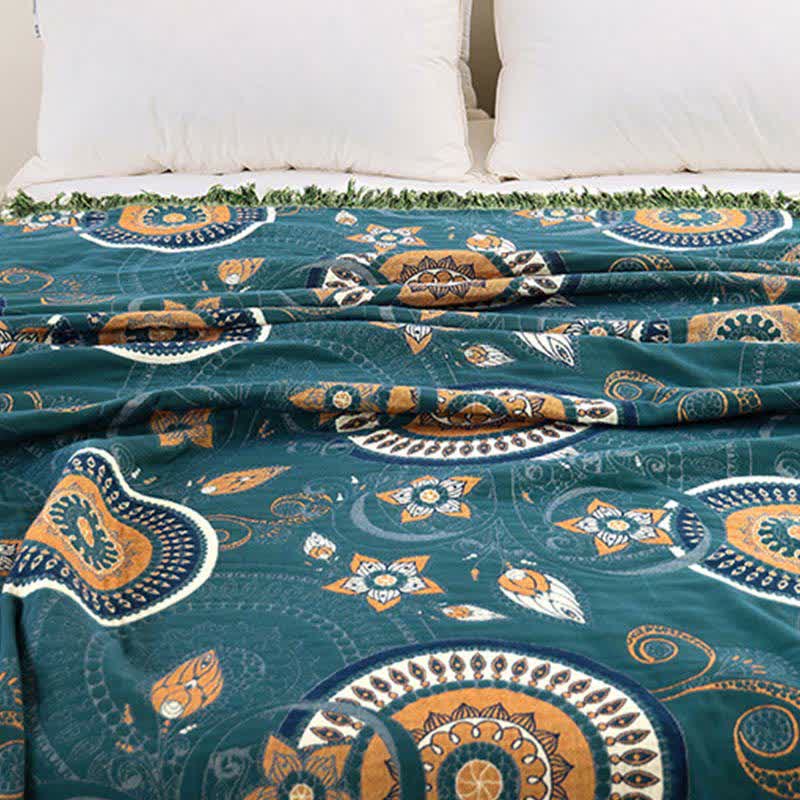 Bohemian Style Mandala Print Tassel Quilt