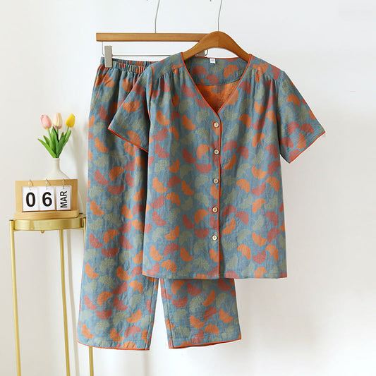  Ginkgo Leaf Jacquard V-neck Short Loungewear - Blue & Orange - XL - image 0