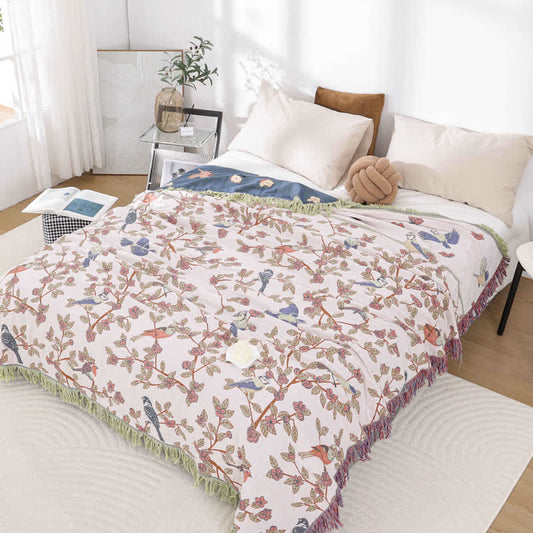 Cotton Gauze Floral & Bird Tassel Quilt