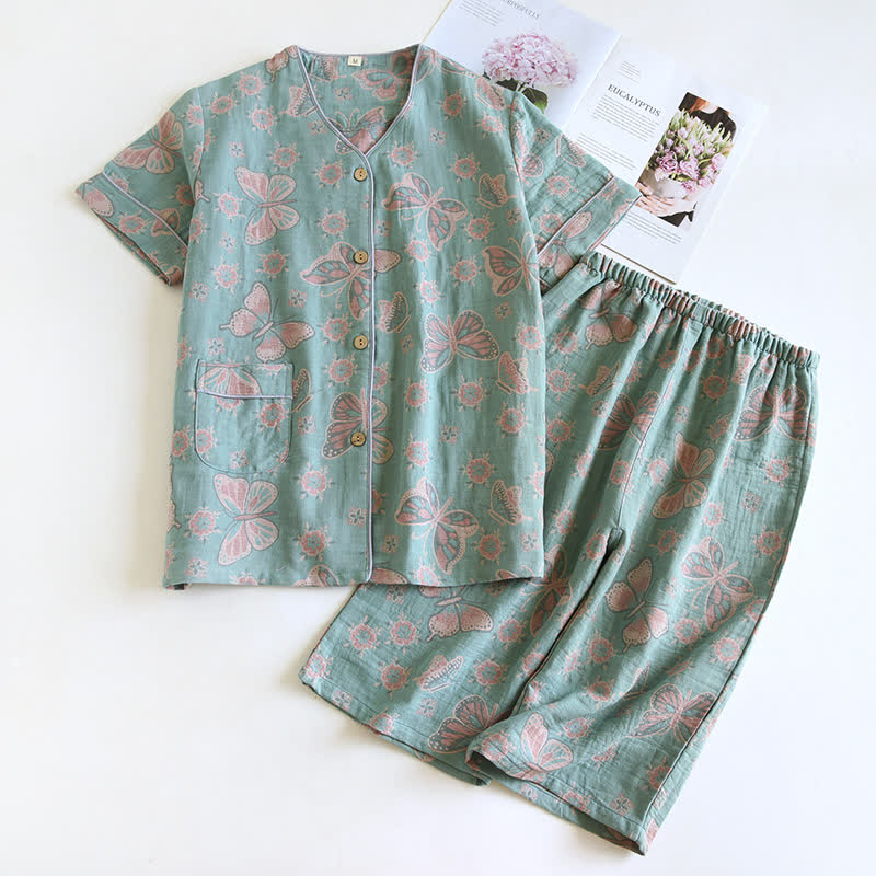 Butterfly Cotton Cropped Pants Loungewear Set