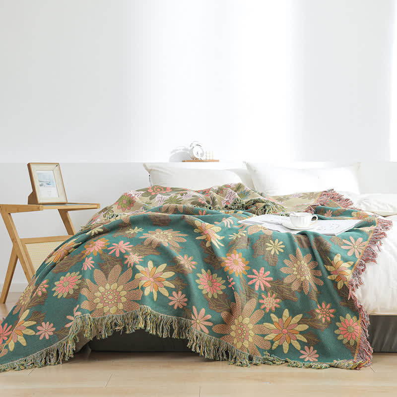 Cotton Gauze Floral Style Tassel Blanket