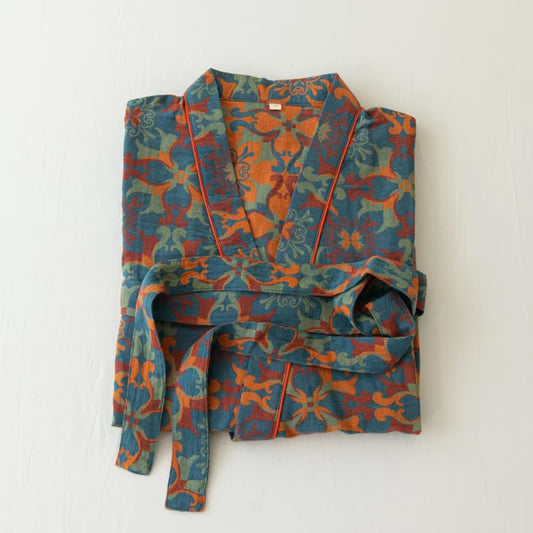 Luxurious Art V-neck Cotton Bathrobe Pajama - Green & Orange - L - image 1