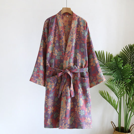 Cotton Gauze Jacquard Floral Retro Bathrobe