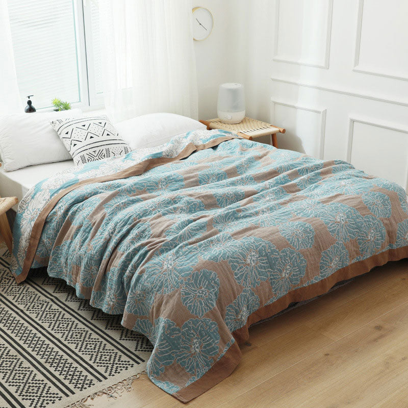 Lightweight Peony Cotton  Reversible Blanket - Khaki & Blue - 79" x 90" - image 11