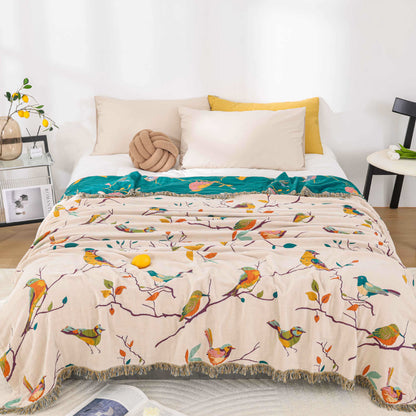 Cotton Gauze Pastoral Bird Tassel Quilt