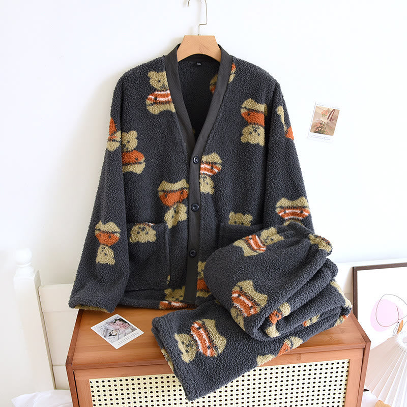 V-neck Cute Bear Soft Flannel Pajama Set