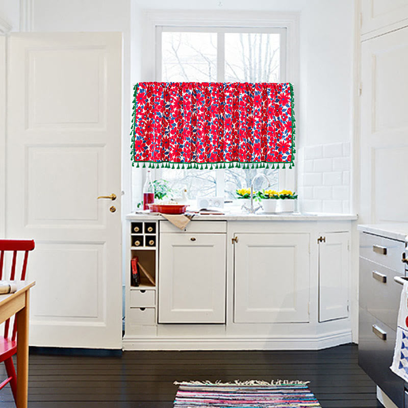 Red Flower Print Tassel Tier Curtain - image 1