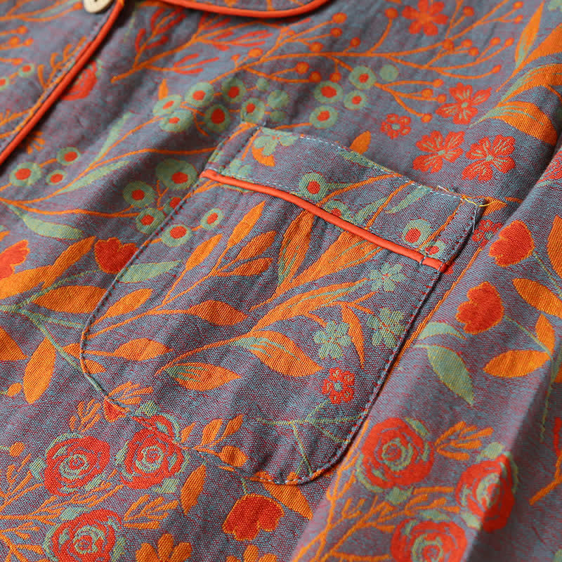 Vintage Leaf Cotton Lapel Loungewear Set - image 4