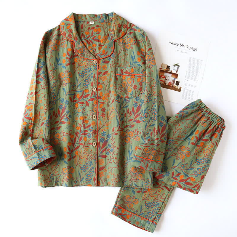 Vintage Leaf Cotton Lapel Loungewear Set - Green & Orange - 2XL - image 13