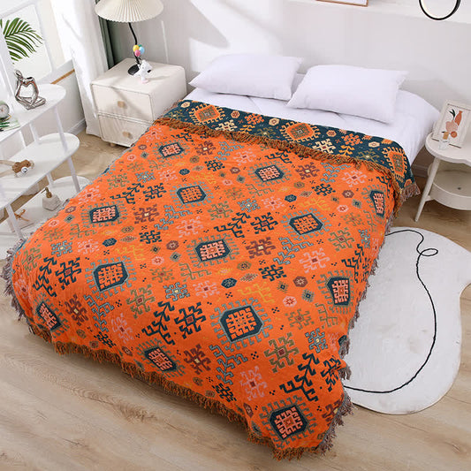 Retro Geometric Cotton Gauze Tassel Quilt