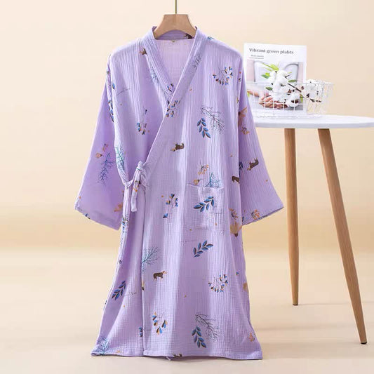 Cotton Gauze Rural V-neck Kimono Bathrobe