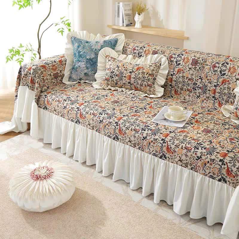 Ruffled Magpie & Floral Soft Sofa Cover