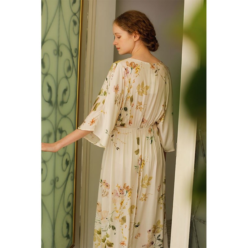 Ownkoti Rose Print Long Sleeve V-Neck Nightdress