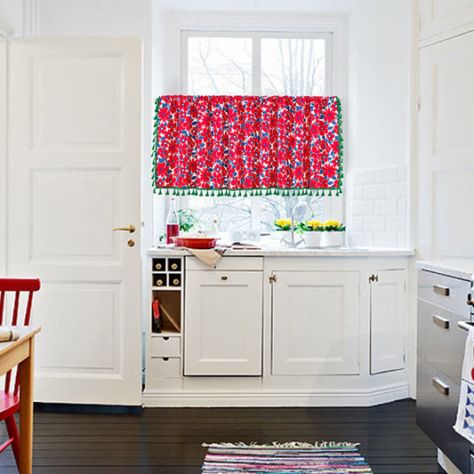 Red Flower Print Tassel Tier Curtain