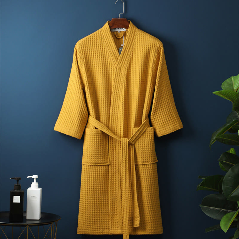 Ownkoti Simple Solid Color Cotton V-neck Bathrobe - Yellow - XL - image 4