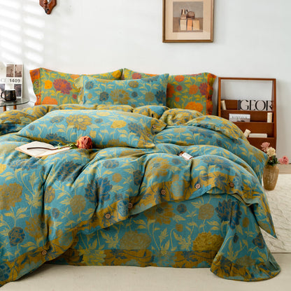 Retro Flower Leaf Cotton Bedding Sets(4PCS) - Button - Blue - King - image 1