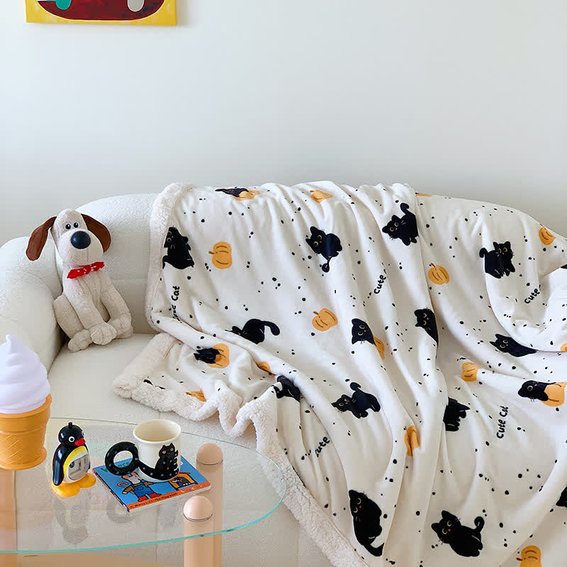 Cute Cat & Pumpkin Fleece Blanket