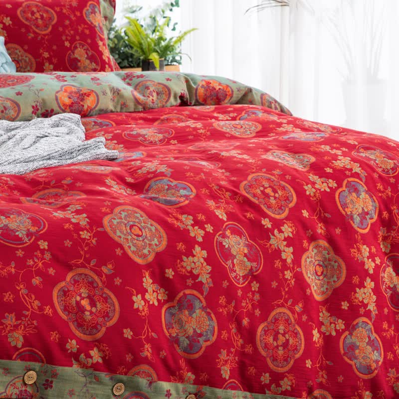 Double Layer Cotton Gauze Floral Bedding Set(4PCS)