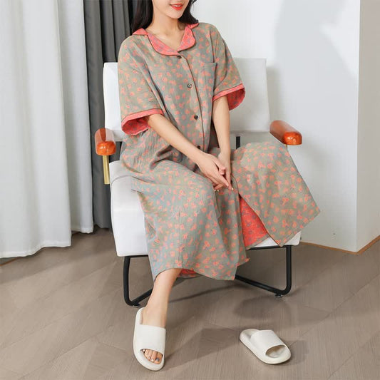 Elegant Flower Cotton Gauze Long Nightgown