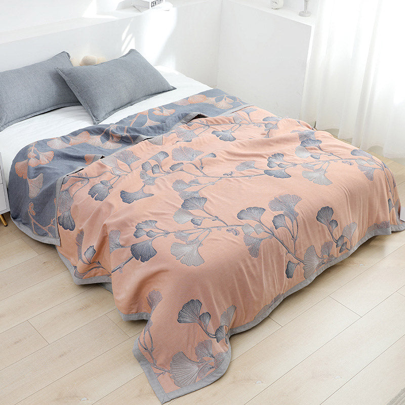 Ginkgo Leaf Cotton Gauze Reversible Quilt - Orange Pink - Queen - image 8