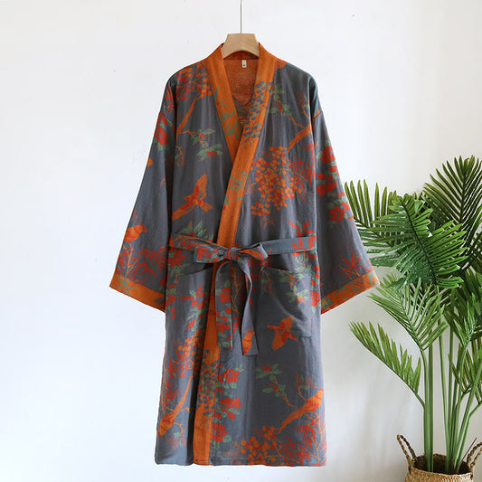 Jacquard Retro Cotton Gauze Pastoral Style Bathrobe