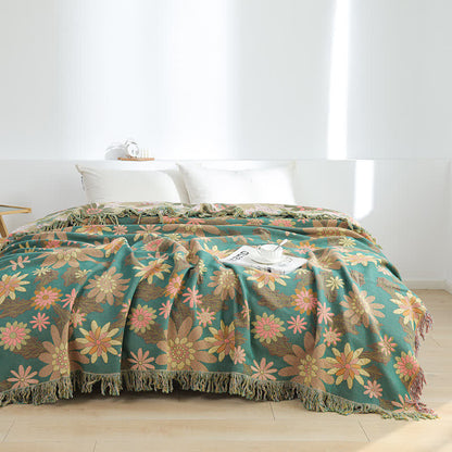 Cotton Gauze Floral Style Tassel Blanket