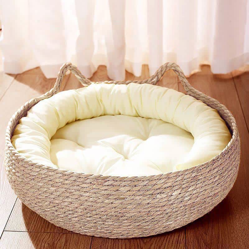 Handmade Braided Cattail Rope Cat Bed