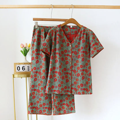 Plum Flower V-neck Cotton Loungewear Set