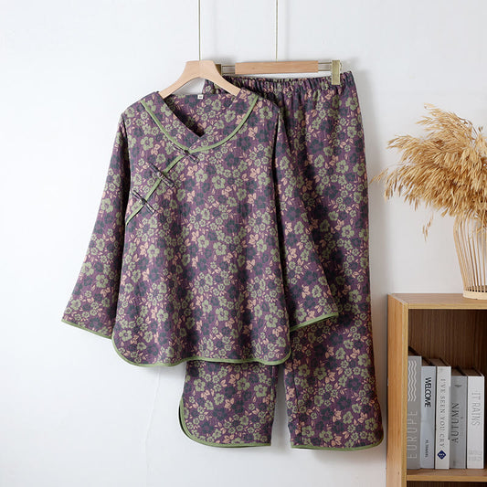 Cotton Gauze Floral Frog Closure Loungewear Set