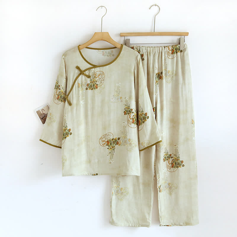 Retro Floral Bamboo Fiber Pajama Set - image 0