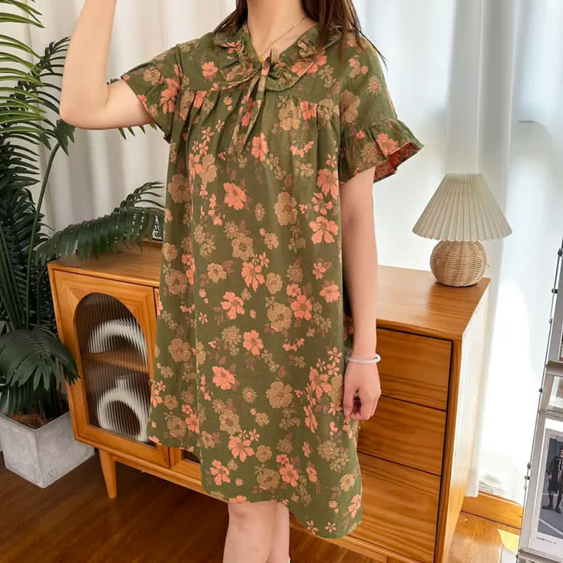 Retro Floral Pure Cotton Summer Nightgown