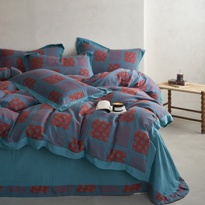 Retro Square Print Cotton Gauze Bedding Set(4PCS)