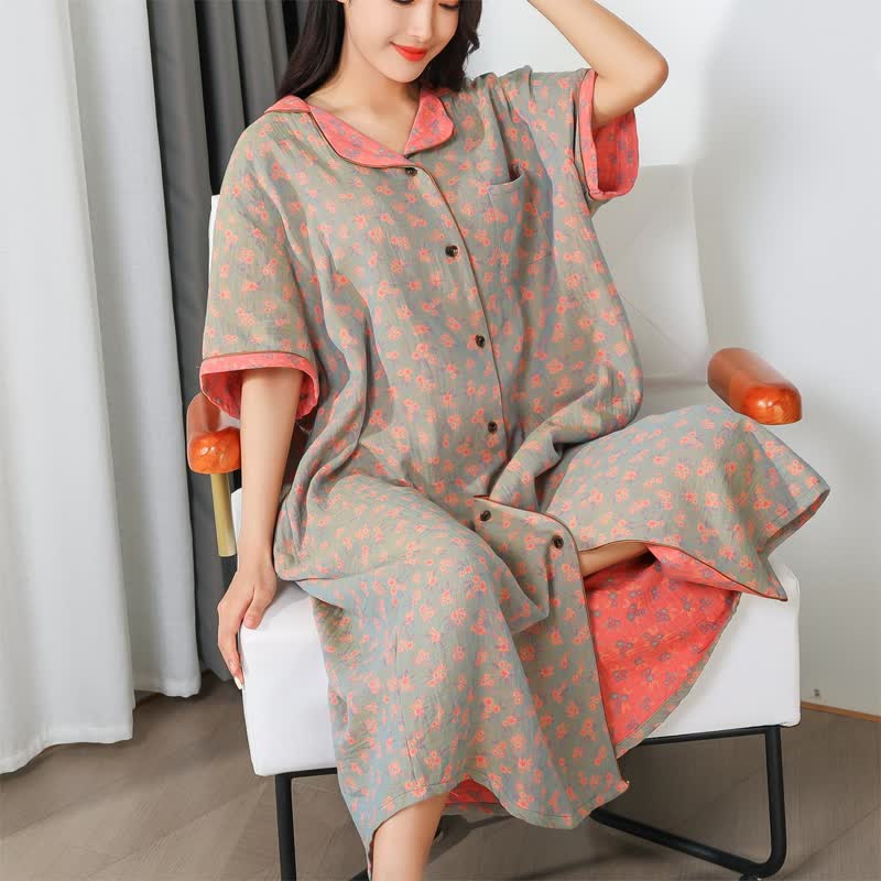 Elegant Flower Cotton Gauze Long Nightgown