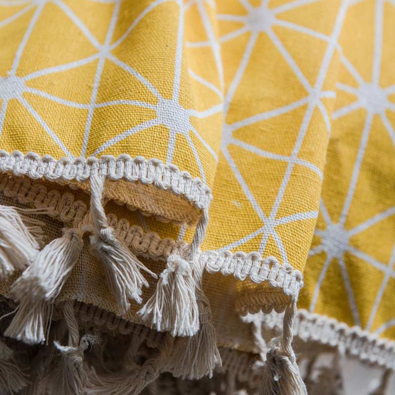 Ownkoti Yellow Plaid Translucent Curtains with Tassels