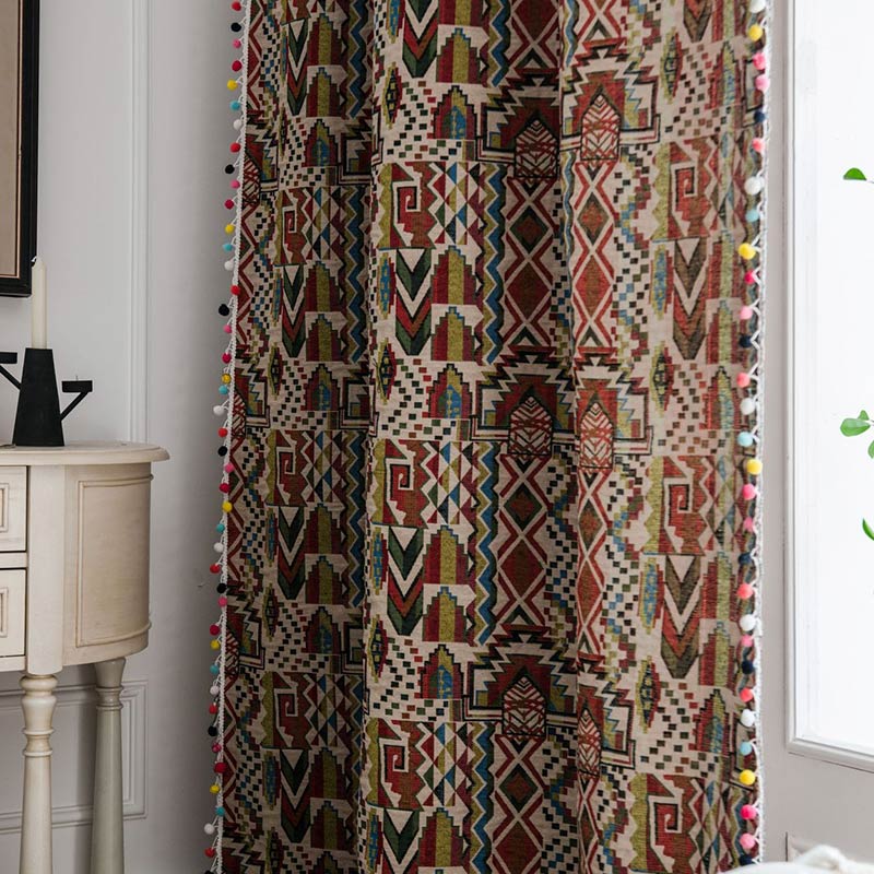 Pom-pom Colorful Pattern Cotton Linen Curtain