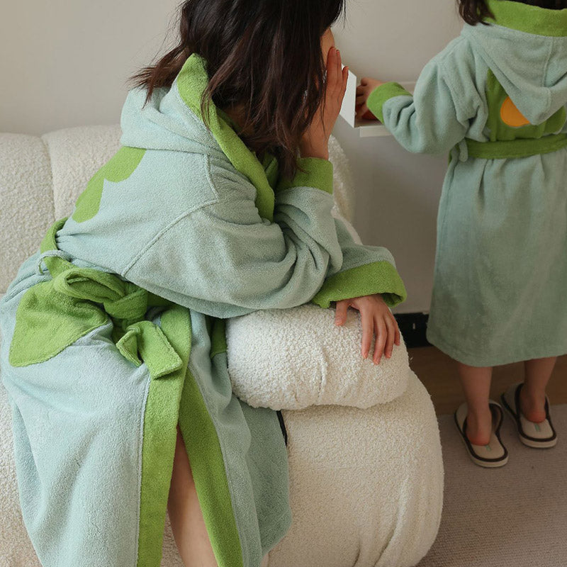 Flower Colorblock Cotton Hooded Bathrobe