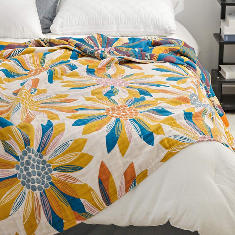 Ownkoti Yellow Flower Print Cotton Reversible Quilt