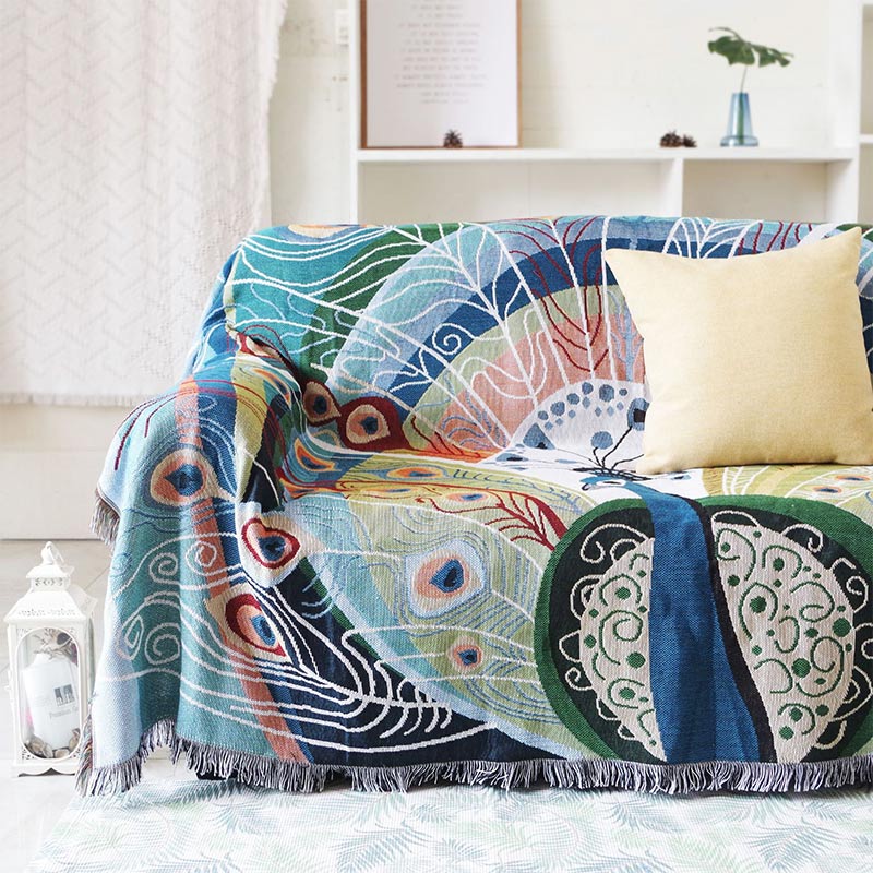 Ownkoti Peacock Print Tassel Reversible Blanket