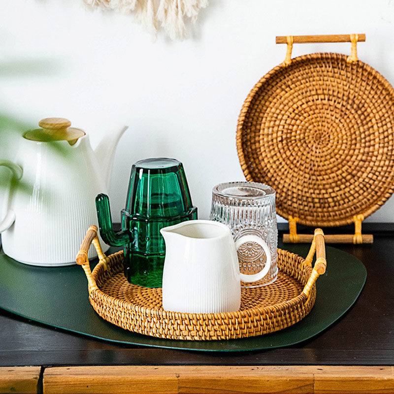 Ownkoti Hand Woven Rattan Round Tray With Handles