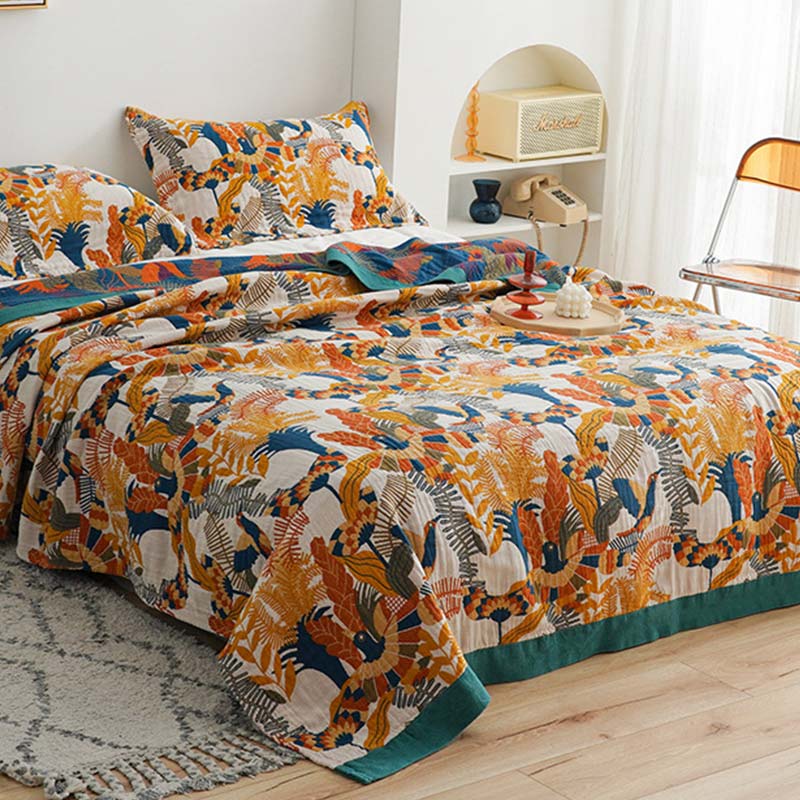 Soft Bird & Flower Cotton Reversible Quilt