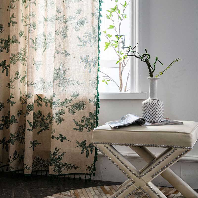 Green Pine Bird Pattern Tassel Curtain