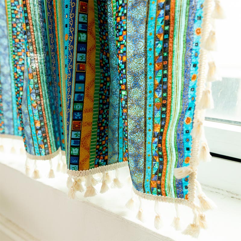 Colorful Plaid Pattern Tassel Tier Curtain