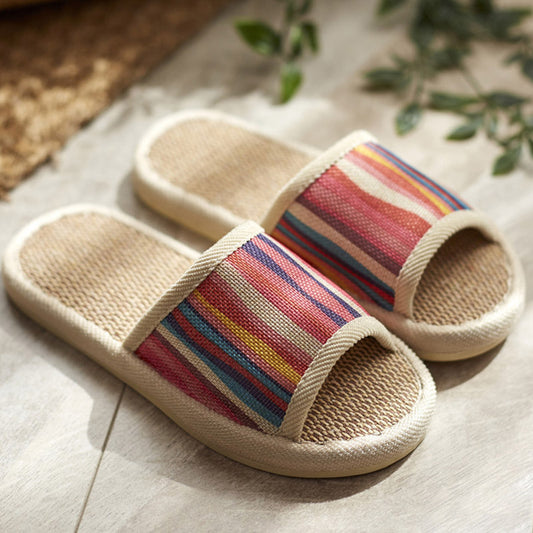 Colorful Striped Open Toe Flax Slippers