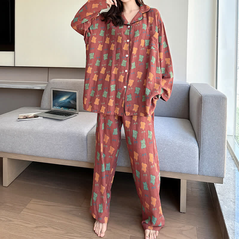 Plus Size Bear Cotton Lapel Loungewear Set